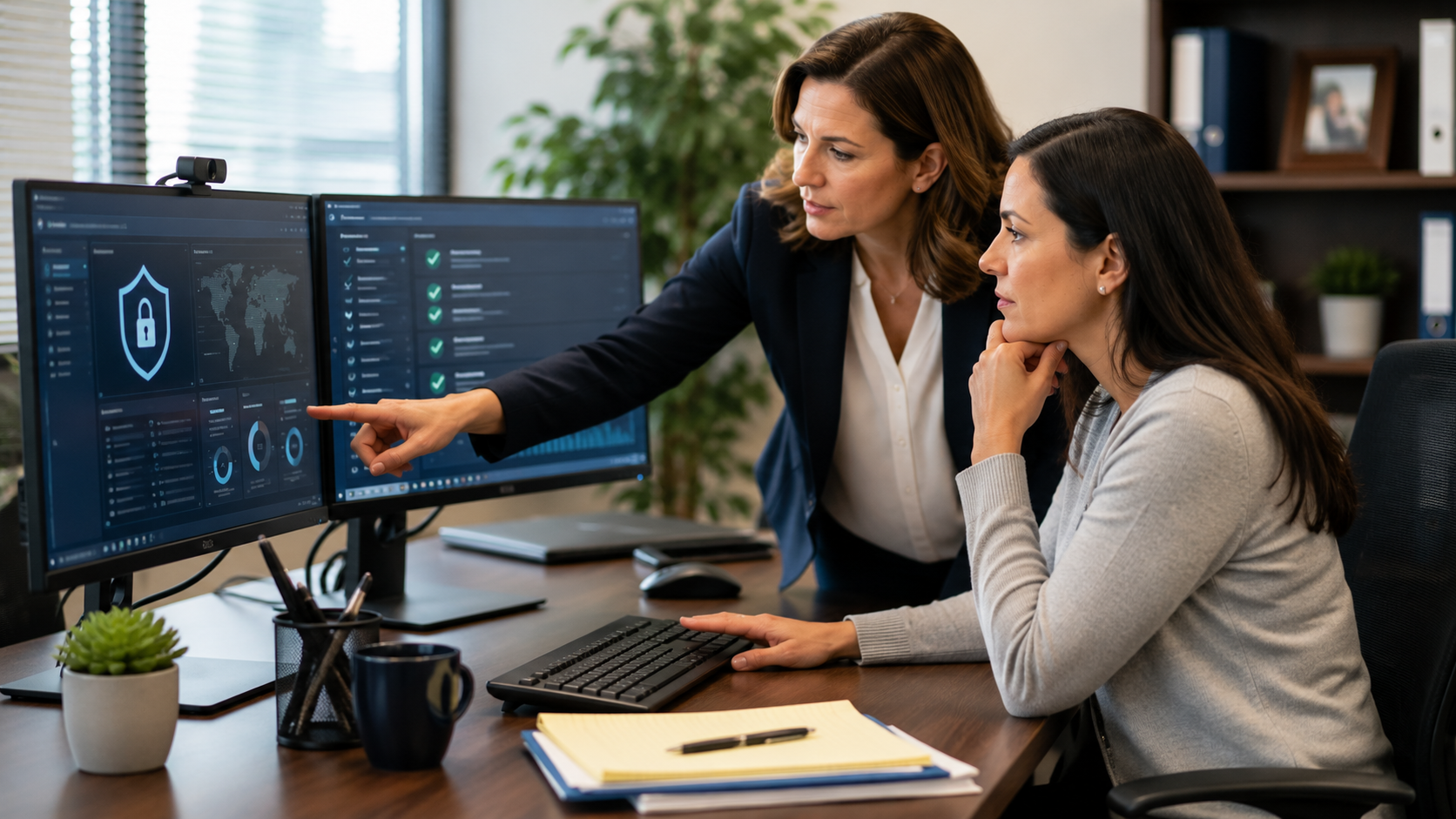 Accounting professionals discussing cybersecurity and protecting confidential client information.