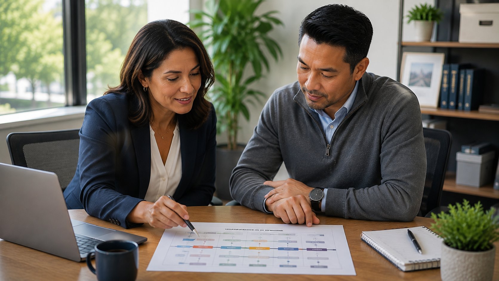 Accounting firm leadership reviewing an IT transition plan with a technology advisor after tax season.