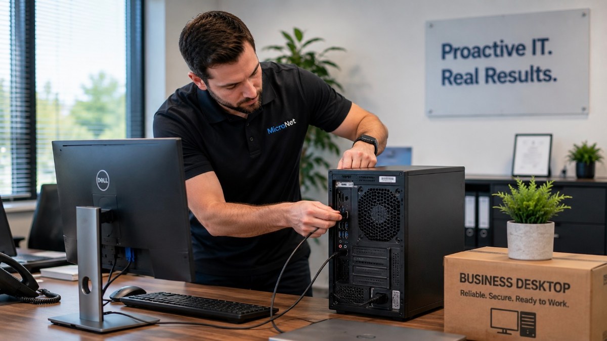 Accounting professional reviewing a workstation replacement plan with an IT advisor.