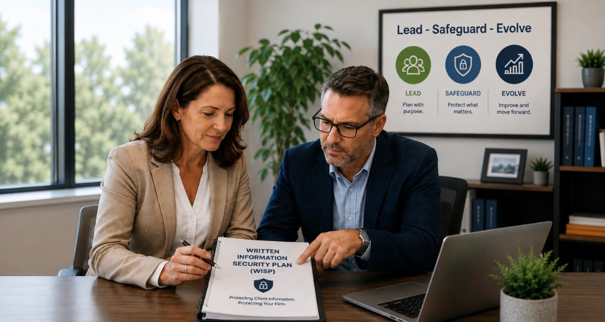 Accounting firm partners reviewing a Written Information Security Plan and cybersecurity priorities.