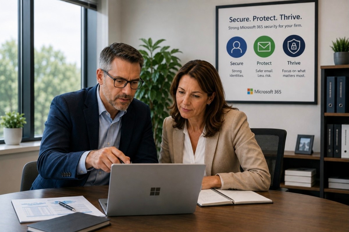 Accounting professionals reviewing Microsoft 365 and email security with their IT advisor.