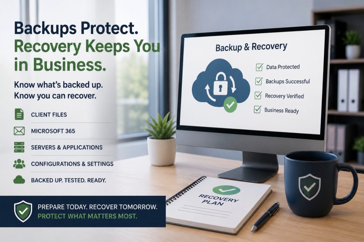 Accounting firm leadership reviewing backup and disaster recovery planning with an IT advisor.