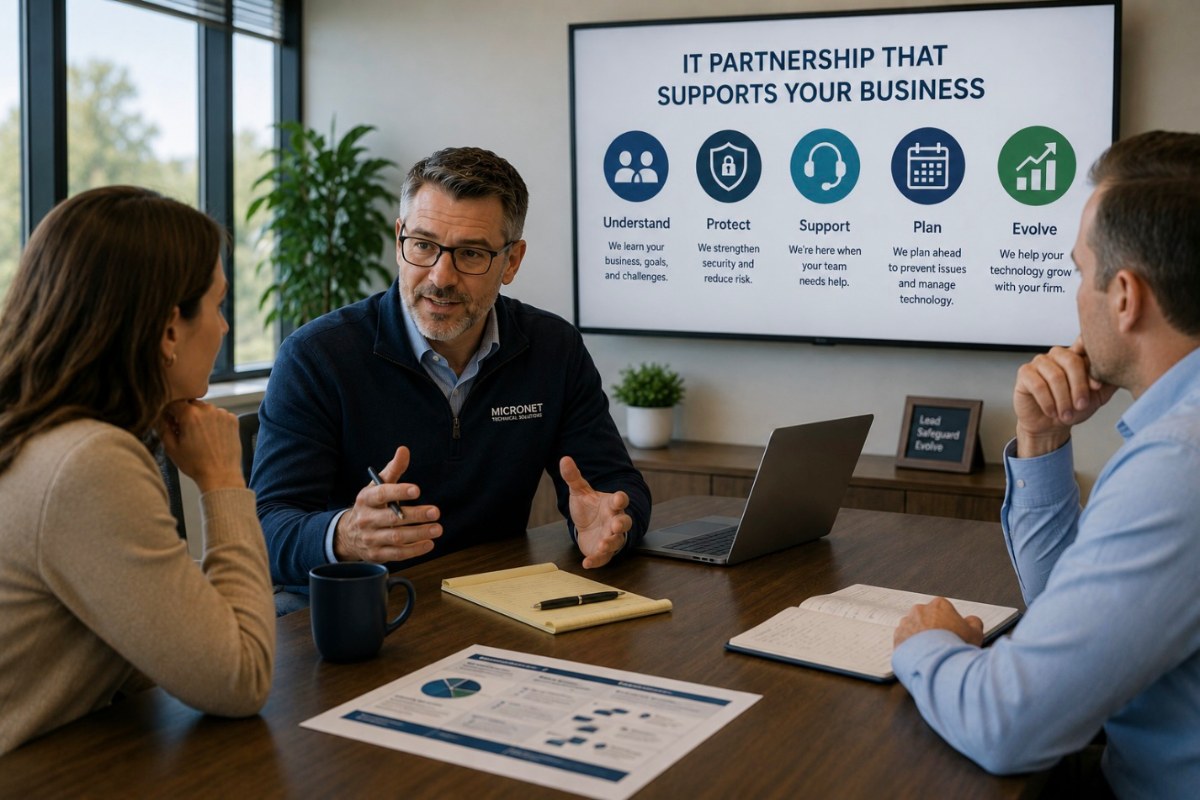 Accounting firm leadership meeting with a Managed IT Services provider to discuss business goals, technology, and cybersecurity.