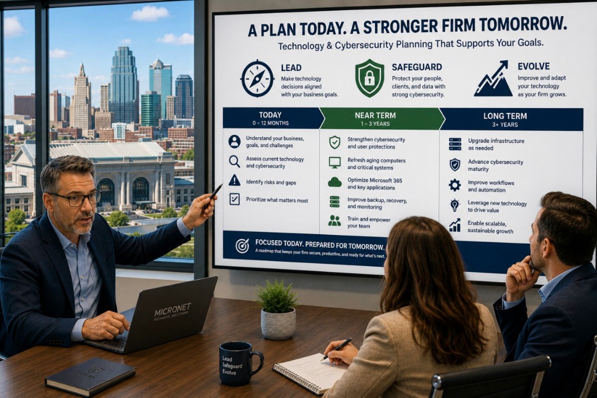 Accounting firm leadership and an IT advisor reviewing a long-term technology and cybersecurity plan.